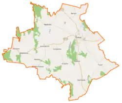 Mapa konturowa gminy Dobra, blisko centrum na prawo u góry znajduje się punkt z opisem „Dobra”