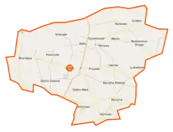 Mapa konturowa gminy Dobre, blisko centrum na prawo u góry znajduje się punkt z opisem „Borowo”