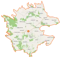 Mapa konturowa gminy Dobre, u góry nieco na prawo znajduje się punkt z opisem „Modecin”