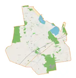 Mapa konturowa gminy Domaniewice, na dole nieco na lewo znajduje się punkt z opisem „Stroniewice”