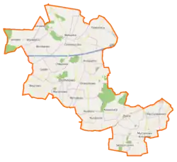 Mapa konturowa gminy Dominowo, blisko lewej krawiędzi u góry znajduje się punkt z opisem „Janowo”