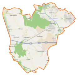 Mapa konturowa gminy Dopiewo, blisko centrum na lewo znajduje się punkt z opisem „Dopiewo”