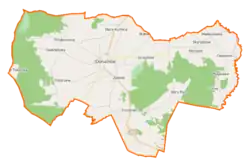 Mapa konturowa gminy Doruchów, blisko centrum na dole znajduje się punkt z opisem „Torzeniec”