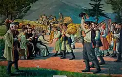 Lachy szczyrzyckie w strojach ludowych podczas dożynek na obrazie Grzegorza Tyszkiewicza "Dożynki w Szczyrzycu".