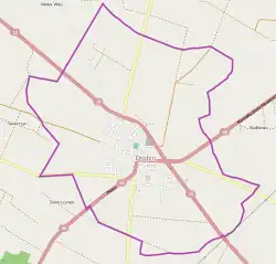 Mapa konturowa Drobina, w centrum znajduje się punkt z opisem „Stary cmentarz żydowski w Drobinie”