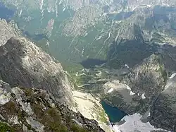 Zmarzły Staw pod Wysoką, widok ze szlaku na Rysy