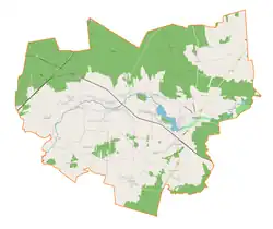 Mapa konturowa gminy Drzewica, blisko centrum na prawo znajduje się punkt z opisem „Drzewica”