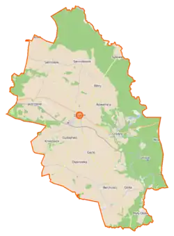 Mapa konturowa gminy Drzycim, blisko dolnej krawiędzi po prawej znajduje się punkt z opisem „Mały Dólsk”