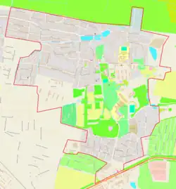 Mapa konturowa Dublanów, blisko centrum po prawej na dole znajduje się punkt z opisem „Lwowski Narodowy Uniwersytet Rolniczy”