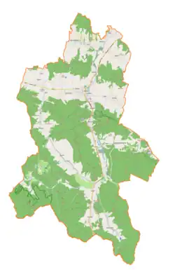Mapa konturowa gminy Dukla, blisko centrum u góry znajduje się punkt z opisem „Dukla”