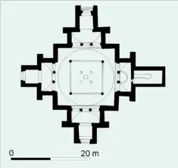 Plan Kościoła na planie krzyża w Starej Dongoli, Nubia (Sudan), IX w., wg Derek Welbsy
