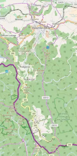 Mapa konturowa Dusznik-Zdroju, w centrum znajduje się punkt z opisem „Dolina Strążycka”