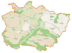 Mapa konturowa gminy Dygowo, blisko centrum na lewo znajduje się punkt z opisem „Bardy”