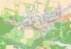 Mapa konturowa Działoszyna, blisko centrum na lewo znajduje się punkt z opisem „Parafia Świętej Marii Magdaleny”