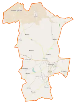 Mapa konturowa gminy Dzierzgoń, blisko centrum po prawej na dole znajduje się punkt z opisem „Zamek w Dzierzgoniu”