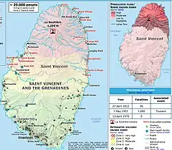 Mapa. Na północy wyspy, wokół wulkanu, strefa czerwona, dalej na południe żółta i zielona.