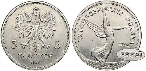 ESSAI 5 złotych 1928 Nike nikiel