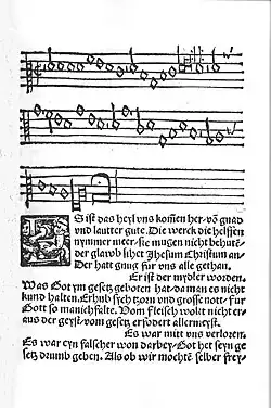 Strona starodruku z nutami i słowami po niemiecku