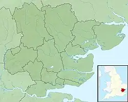 Mapa konturowa hrabstwa Essex, na dole znajduje się punkt z opisem „Hadleigh Farm”