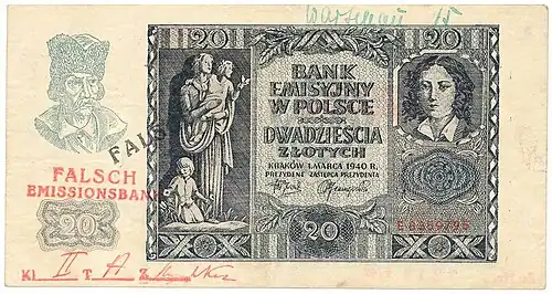 Awers fałszywej 20-złotówki 1940