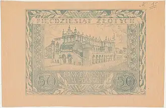 Falsyfikat 50 złotych 1940/41 próba druku rewersu