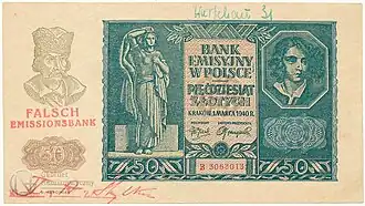 Awers fałszerstwa 50-złotych 1940