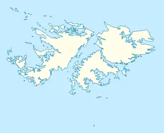 Mapa konturowa Falklandów, po prawej nieco u góry znajduje się punkt z opisem „miejsce bitwy”