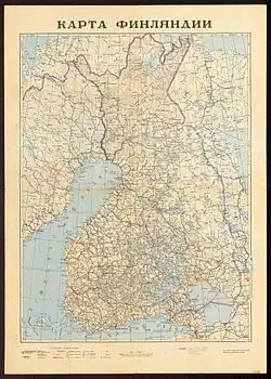 Sowiecka mapa (grudzień 1939) tzw. Fińskiej Republiki Demokratycznej, państwa marionetkowego powołanego przez ZSRR z chwilą wybuchu wojny zimowej