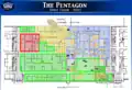 Grafika przedstawiająca rozmieszczenie ciał ofiar na pierwszym piętrze (czyli parterze) Pentagonu. Niebieskie pola to szczątki pasażerów i załogi lotu 77, czerwone to szczątki personelu Pentagonu, a czarno-żółte to szczątki porywaczy