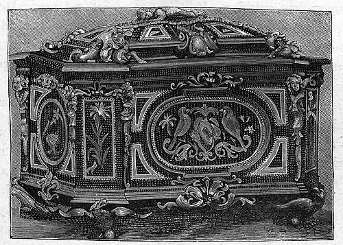 Szkatułka zdobiona pietra durą należąca do królowej Marysieńki z ptakami i śpiącym Kupidynem, lata 80. XVII wieku (zaginiona)