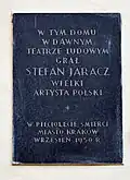Tablica upamiętniająca Stefana Jaracza
