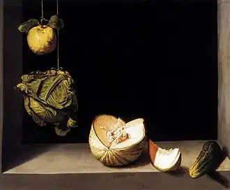 Juan Sánchez Cotán, Martwa natura z pigwą, kapustą, melonem i ogórkiem (ok. 1600).