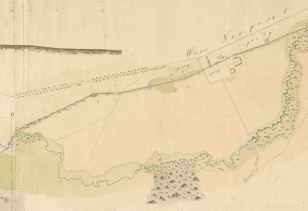 Plan sytuacyjny oraz niwelarna Jednej części Lasów Klucza Nieporęckiego Dóbr Dziedzicznych Jaśniewielmożnej Woiewodziny z Xiążąt Lubomirskich Hrabiny Potockiey w celu osuszenia nowozałożonych tamże Kolonii zdjęty przez Izeniera Królewskiego Koprusu Budowy Dróg i Mostów Postawka - fragment przedstawiający Nieporęt oraz ślady starego rowu