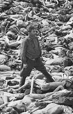 Dr Fritz Klein na masowym grobie w Bergen-Belsen 24 kwietnia 1945