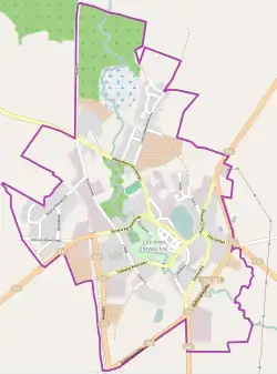 Mapa konturowa Górowa Iławeckiego, w centrum znajduje się punkt z opisem „Kościół Najświętszego Serca Pana Jezusa w Górowie Iławeckim”