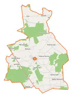 Mapa konturowa gminy Górzno, po lewej nieco na dole znajduje się punkt z opisem „Kobyla Wola”