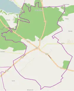 Mapa konturowa Gąbina, blisko centrum na prawo znajduje się punkt z opisem „Getto w Gąbinie”