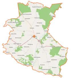 Mapa konturowa gminy Głowaczów, na dole znajduje się punkt z opisem „Wólka Brzózka”