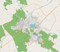 Mapa konturowa Głowna, w centrum znajduje się punkt z opisem „Parafia św. Jakuba Apostoła”