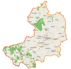 Mapa konturowa gminy Głubczyce, na dole nieco na prawo znajduje się punkt z opisem „Bogdanowice”