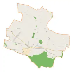 Mapa konturowa gminy Głuchów, blisko prawej krawiędzi znajduje się punkt z opisem „Skoczykłody”