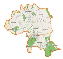 Mapa konturowa gminy Głuchołazy, blisko centrum na dole znajduje się punkt z opisem „Las Bukowy”