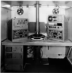 Fotografia czarno-biała, ciasne pomieszczenie, pomiędzy ścianami zamontowany blat, na nim symetrycznie ustawione dwa panele kontrolne z licznymi pokrętłami, pomiędzy nimi gruby pręt od sufitu do podłogi, a pod lewym panelem, pod blatem znajduje się urządzenie elektryczne wielkości szafki nocnej z ekranami jak w oscyloskopach
