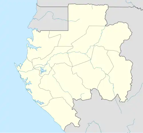 Mapa konturowa Gabonu, po lewej nieco u góry znajduje się punkt z opisem „Libreville”