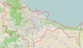 Mapa konturowa Gdańska, w centrum znajduje się punkt z opisem „Sala BHP”