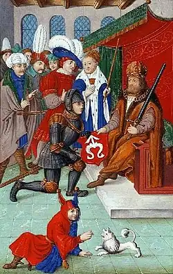 „Nadanie herbu Odrowąż protoplaście rodu Szydłowieckich” - miniatura S. Samostrzelnika z około 1532 roku.