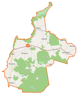 Mapa konturowa gminy Gielniów, na dole znajduje się punkt z opisem „Budy”