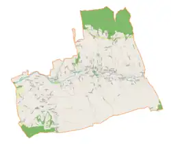 Mapa konturowa gminy Gilowice, po prawej nieco na dole znajduje się czarny trójkącik z opisem „Jasna Górka”