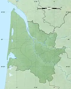 Mapa konturowa Żyrondy, blisko górnej krawiędzi po lewej znajduje się punkt z opisem „Żyronda”