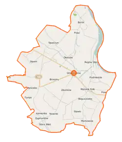 Mapa konturowa gminy Gniewoszów, blisko centrum na prawo znajduje się punkt z opisem „Regów Nowy”